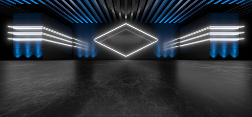 Sci Fy neon lamps in a dark tunnel. Reflections on the floor and walls. 3d rendering image.