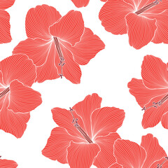 Abstract elegant seamless pattern with hand-drawn amaryllis flowers and leaves. Pattern for creating packaging, wallpaper, fabric.
