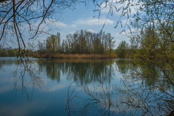 Panoramic landscape with the fishing lake near Ketsch in Germany.