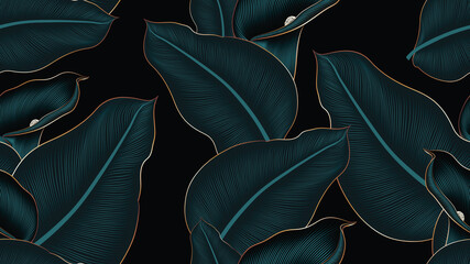 Luxurious gold seamless pattern with  calla flowers and exotic tropical leaves.