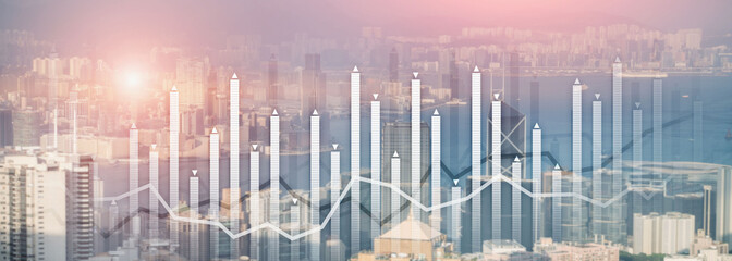Fototapeta na wymiar Financial growth chart graph diagram analysis big data trading investment concept. city view skyline website header banner double exposure