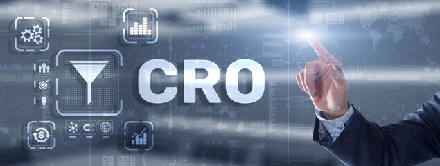 Conversion Rate Optimization. CRO Technology Finance concept Businessman pressing on a virtual screen