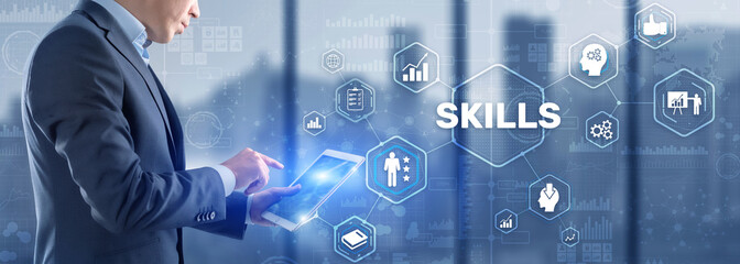 Skill Ability Business Internet technology Concept. Businessman in a jacket clicks on the...