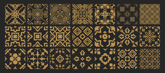 Set islamic oriental ornamental floral geometric arabesque seamless pattern tiles. Golden arabic seamless tiles on black background vector illustration