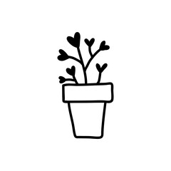 Flower in pot painted black line on a white background. Vector drawing lines