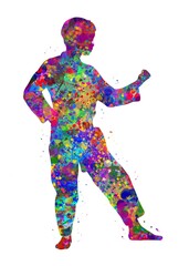 Taekwondo defense watercolor art, abstract painting. sport art print, watercolor illustration rainbow, colorful, decoration wall art.