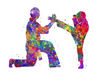 Taekwondo training kids watercolor art, abstract painting. sport art print, watercolor illustration rainbow, colorful, decoration wall art.