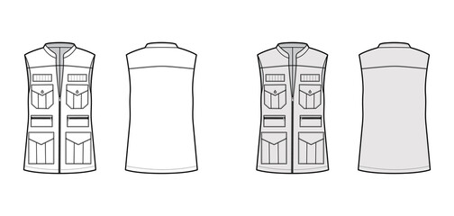 Safari vest waistcoat technical fashion illustration with sleeveless, stand collar, zip-up closure, pockets, oversized body. Flat template front, back, white, grey color. Women, men, unisex CAD mockup © Vectoressa