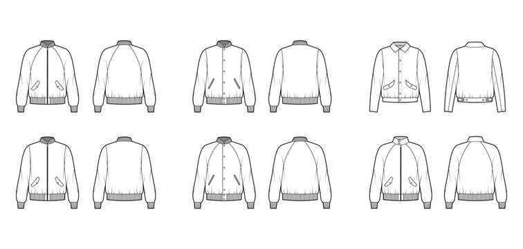 Set of Bomber jackets technical fashion illustration with Rib baseball collar, cuffs, oversized, long raglan sleeves, flap pockets. Flat coat template front, back white color. Women men unisex top CAD