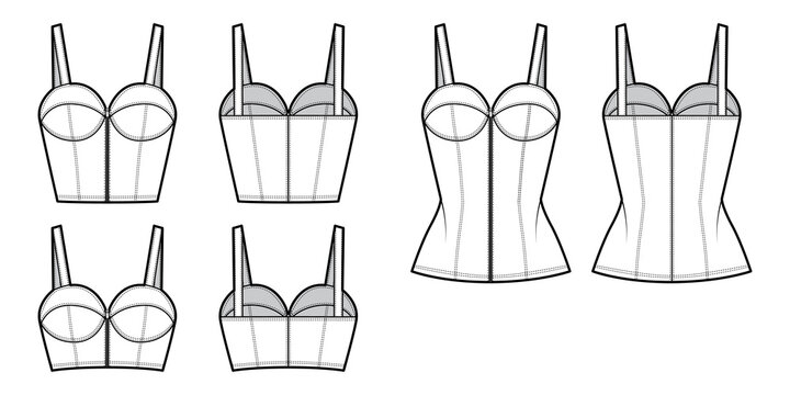 Set of Denim corset tops bustier technical fashion illustration with basque, thin straps, zip-up closure, fitted body. Flat apparel template front, back, white color. Women, men, unisex top CAD mockup