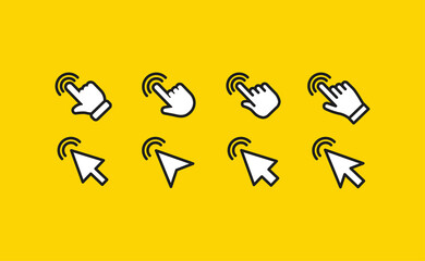 Arrow and hands click icons. Pointer vectors clicking.