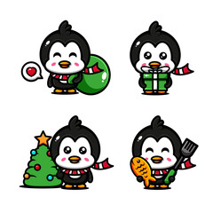 cute penguin character design set themed shared a gift to everyone