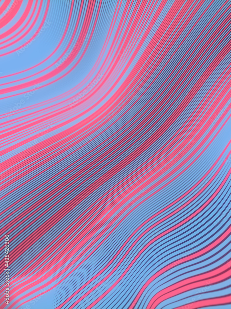 Aufkleber Wavy digital illustration of striped pattern of floating multicolored lines. Line art geometric background. 3d rendering