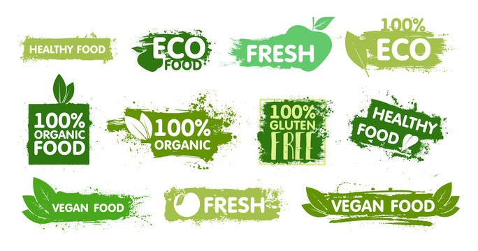 Organic, eco food, vegan, fresh, healthy and gluten free stickers with effect green paint. Organic food labels and healthy foods badges. Stamp and stickers food, vegan, ecological, diet. Vector pack 