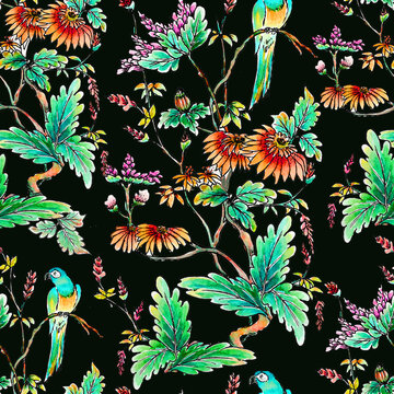 Seamless pattern with blooming tropical plants and a parrot sitting on a branch