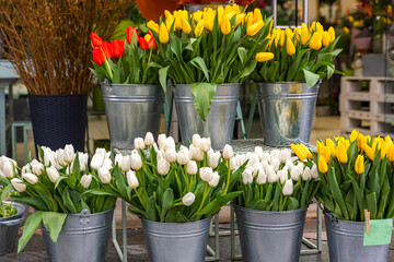 Sale of tulips. The cost of flowers, tulips. Tulips of different colors in a bucket for sale in a flower shop. 8 march, easter