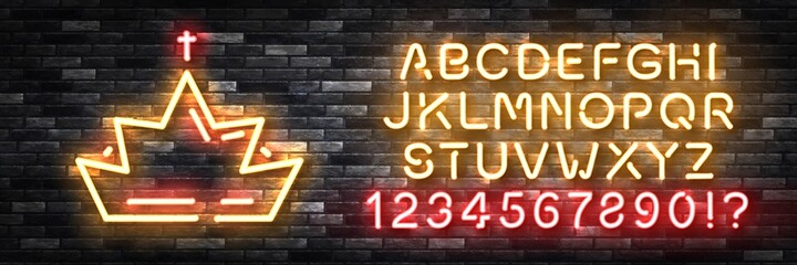 Vector realistic isolated neon sign of Crown with easy to change color alphabet font logo for decoration and covering on the wall background.