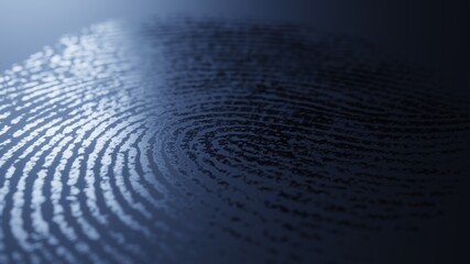 Fingerprint mark is revealed on dark blue surface. Supermacro photorealistic 3d render. Perfect as crime investigation backdrop illustration