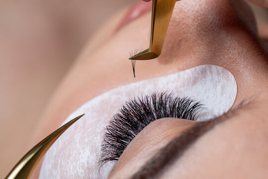 Treatment of Eyelash Extension with tweezers. Woman Eyes with long extended lashes