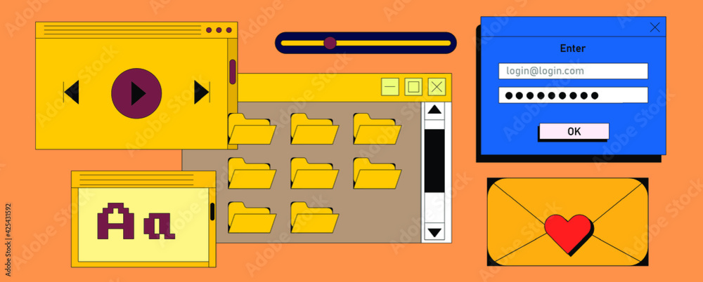 Poster Set of flat retrowave UI and UX elements: dialog box, tab, button, modal window.