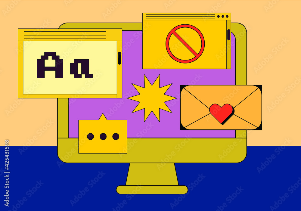 Poster Computer screen with programs and applications. Conceptual flat vector illustration of home office, UI and UX design and programming.