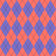 Easter Argyle plaid. Scottish pattern in red and violet rhombuses. Scottish cage. Traditional Scottish background of diamonds. Seamless fabric texture. Vector illustration