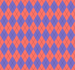 Easter Argyle plaid. Scottish pattern in red and violet rhombuses. Scottish cage. Traditional Scottish background of diamonds. Seamless fabric texture. Vector illustration