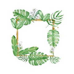 Palm tree leaves background template. Tropical greeting card.