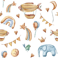 Watercolor hand painted nursery illustration. Seamless pattern on white background. Rainbow, balloons, elephants clipart. Perfect for textile design, fabric, wrapping paper, scrapbooking 