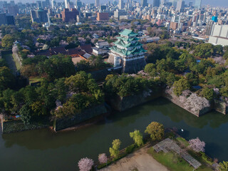 航空撮影した春の名古屋城と満開の桜の風景