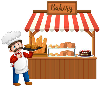 Front of bakery shop with baker isolated on white background