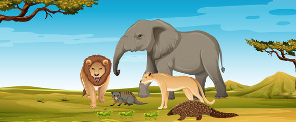 Group of wild african animal in the forest scene