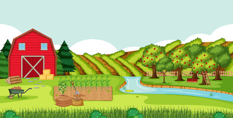 Plakat Farm scene with red barn in field landscape