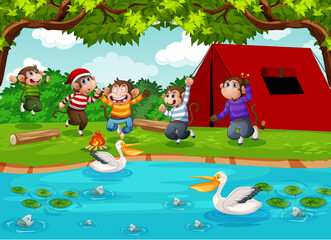 Five little monkeys jumping in the park scene