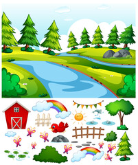 Obraz premium Nature park scene with isolated cartoon character and objects