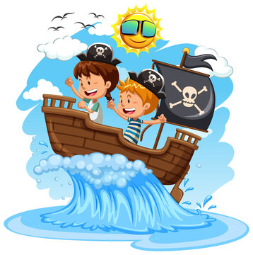 Parate kids on the boat on white background