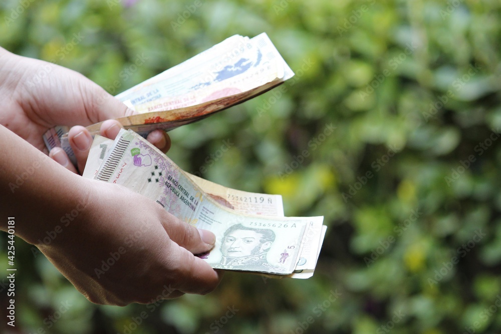 Wall mural hands of a woman holding argentinean banknotes in a garden