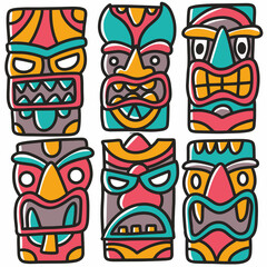 hand drawn wooden mask doodle set