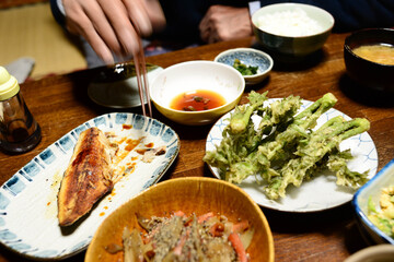 Freshly fried seasonal tempura , Japanese angelica tree shoot. Tempura is a Japanese dish made of seafood or vegetables covered in batter and fried in oil.