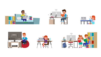 Set of Distance learning online education classes for children during coronavirus. Social distancing, self-isolation and stay at home concept. Character vector design.