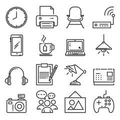 Set of workspace outline icon vector design. Includes computer, community, coffee, printer and more.