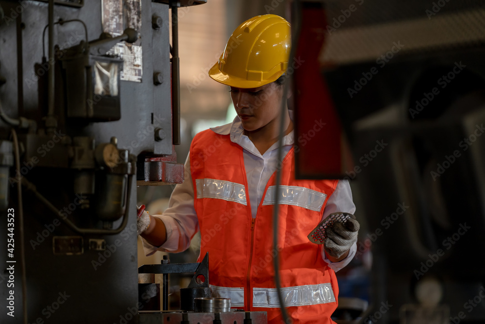Poster Technician workers are turning iron,Engineer control operating lathe grinding machine working in industry factory.