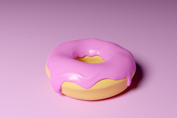 3d illustration of realistic pink appetizing donut on pink background. Simple modern design. Realistic  illustration.