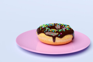 3d illustration Chocolate donut with multicolored sprinkles on a pink  classic plate, isolated on a light background. A cute, colorful and glossy donut with dark icing and multi-colored powder.