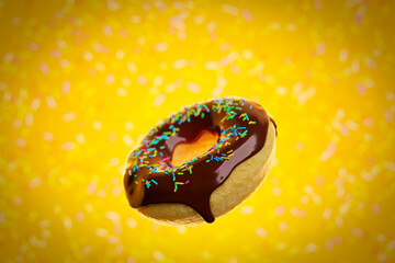 3d illustration of realistic chocolate  appetizing donut  with sprinkles  fly on yellow  background. Simple modern design. Realistic  illustration.