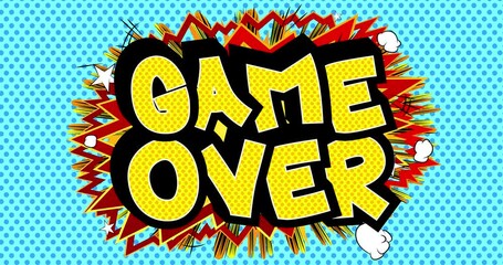 4k animated game over text moving on blue background. Comic anime art for game design. Abstract comic book end of game animation. Card, social media post, and motion poster backdrop.