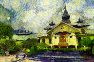 Fototapeta premium Landscape of Thammasat University, Tha Prachan, Bangkok, Thailand Illustrations creates an impressionist style of painting.