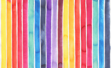 Watercolor background with colorful stripes of various colors: yellow, orange, red, rose, turquoise, blue, navy, violet, lilac, mauve and bordo shades. Handdrawn watercolour graphic painting on white.