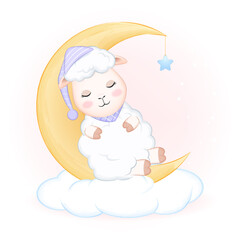 Cute little sheep sleeping on the moon animal watercolor illustration