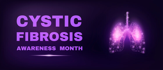 Lungs. Cystic Fibrosis awareness month concept. Banner template with glowing low poly. Modern abstract dark background. Vector illustration.